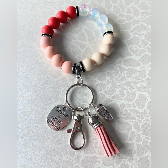 Colorful Beaded Keychain Bracelet with Coffee Cup Charm and Dream charm - Picture 1 of 7